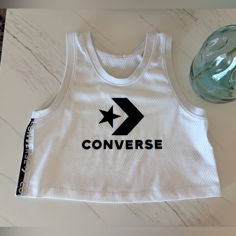 Converse White Mesh Crop Tank with Black Logo Tape